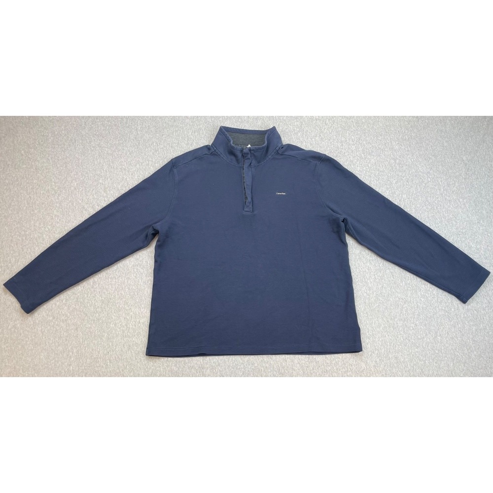 Calvin Klein Sweater Mens XL Blue 100% Cotton 1/4 Zip Mock Neck Logo
